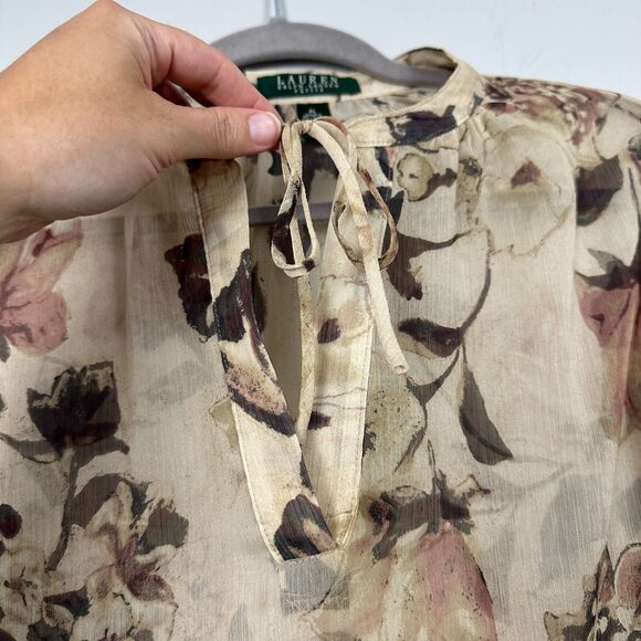 LRL Ralph Lauren Georgette Split Neck Tunic Petite L Tan Floral Sheer Fairy Boho - Picture 3 of 15